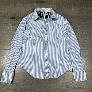 Lilly Pulitzer Womens Blue White Striped Ruffle Button Down Shirt Size 10 Cotton